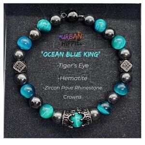 Men's Turquoise Blue Tiger's Eye Silver Hematite Zircon Pave Crystal Clasp